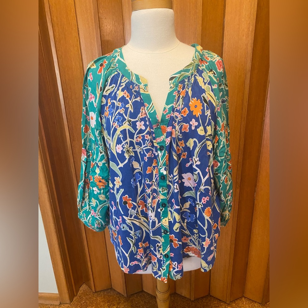 Anthropologie Blue and Green Floral Blouse